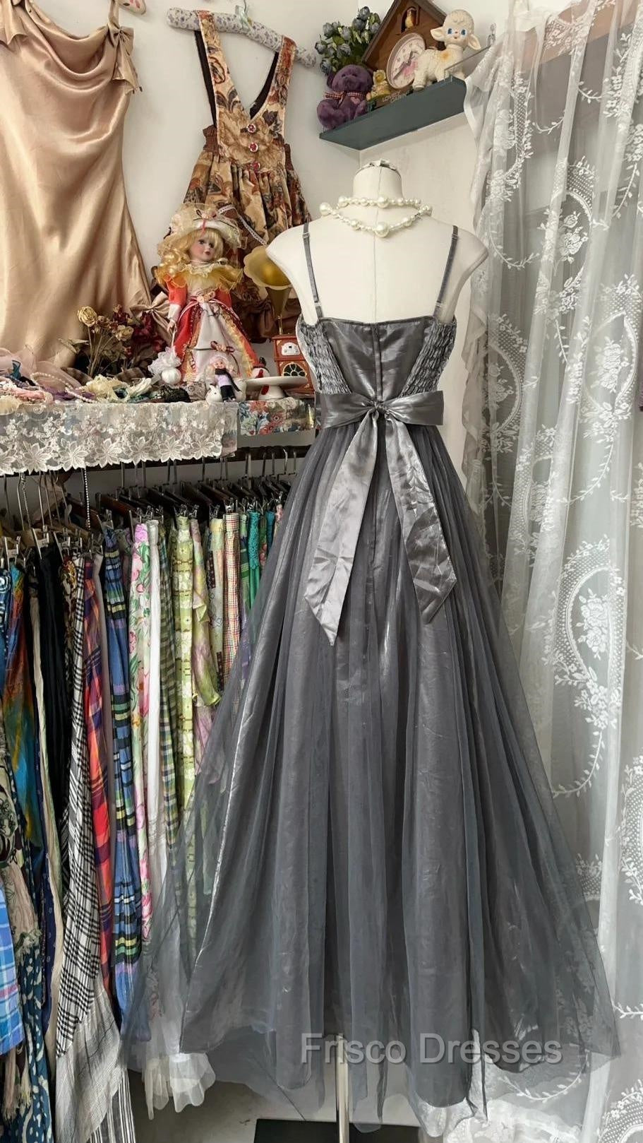 Cute Silver Grey A-Line Spaghetti Straps Tulle Satin Long Formal Prom Dress Gorgeous Birthday Dress Evening Dress
