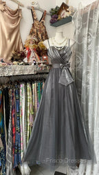 Cute Silver Grey A-Line Spaghetti Straps Tulle Satin Long Formal Prom Dress Gorgeous Birthday Dress Evening Dress