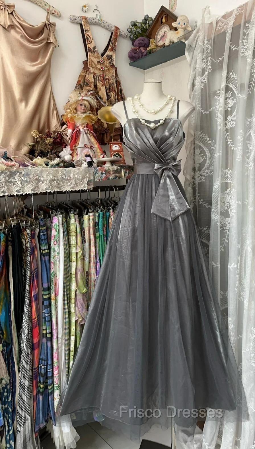 Cute Silver Grey A-Line Spaghetti Straps Tulle Satin Long Formal Prom Dress Gorgeous Birthday Dress Evening Dress