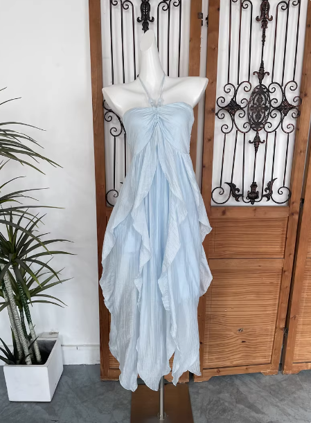 Cute Sky Blue Halter Neck Ruched Ruffled Chiffon Long Prom Dress Evening Dress Main image