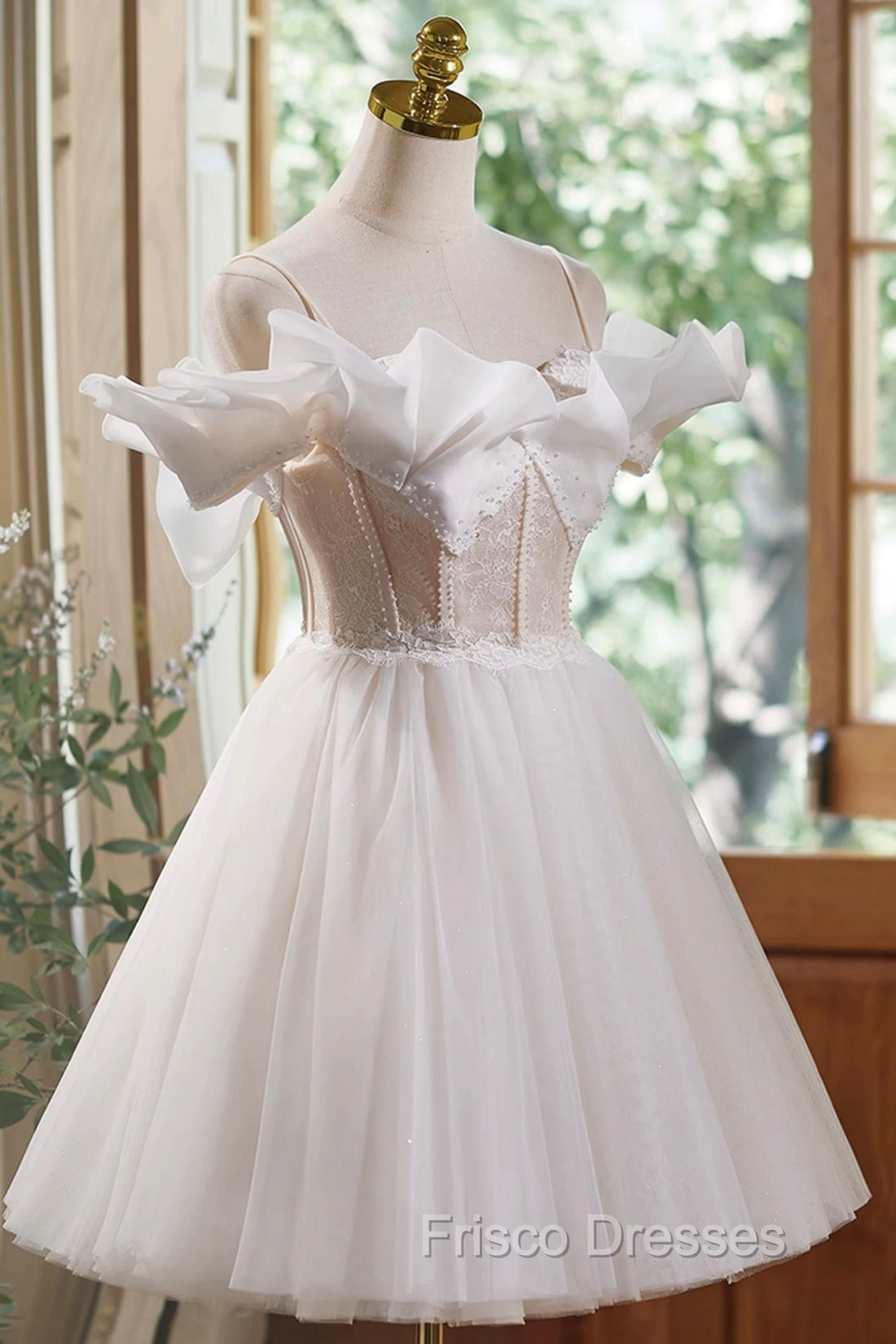 Cute Spaghetti Strap Tulle Lace Homecoming Dress, Off Shoulder Short Formal Prom Dress
