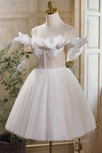 Cute Spaghetti Strap Tulle Lace Homecoming Dress, Off Shoulder Short Formal Prom Dress