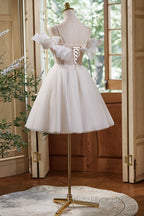 Cute Spaghetti Strap Tulle Lace Homecoming Dress, Off Shoulder Short Formal Prom Dress