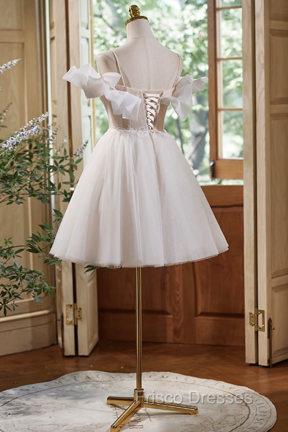 Cute Spaghetti Strap Tulle Lace Homecoming Dress, Off Shoulder Short Formal Prom Dress
