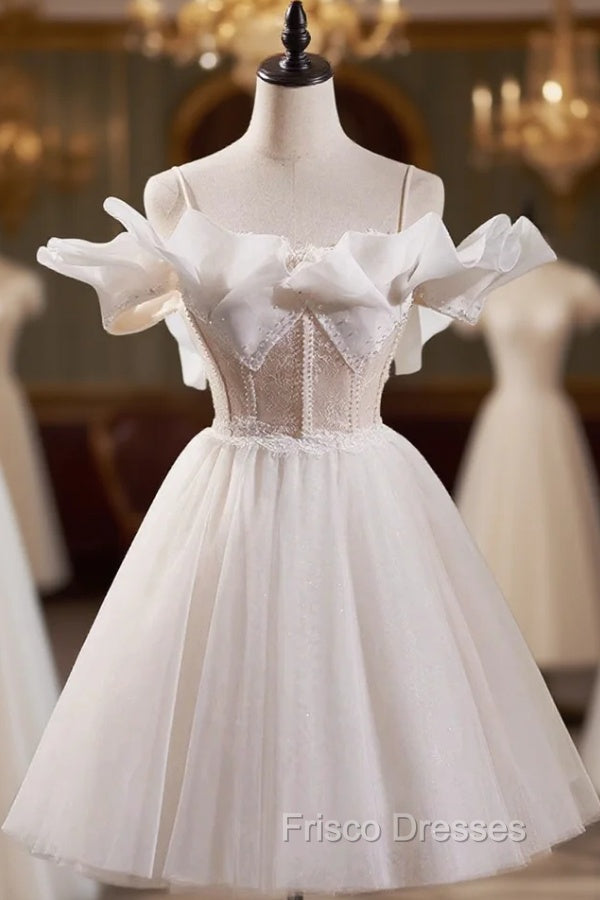 Cute Spaghetti Strap Tulle Lace Homecoming Dress, Off Shoulder Short Formal Prom Dress Main image