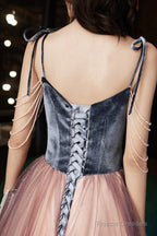 Cute Spaghetti Strap Tulle Long Prom Dress, A-Line Evening Party Dress