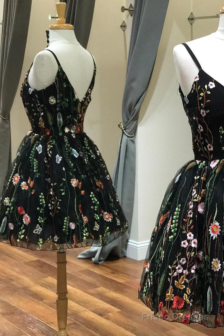 Cute Straps Embroidered Black Floral Homecoming Dress Secondary image
