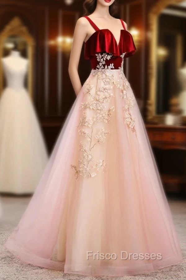 Cute Straps Velvet and Tulle Long Party Dress, A-line Evening Gown Secondary image