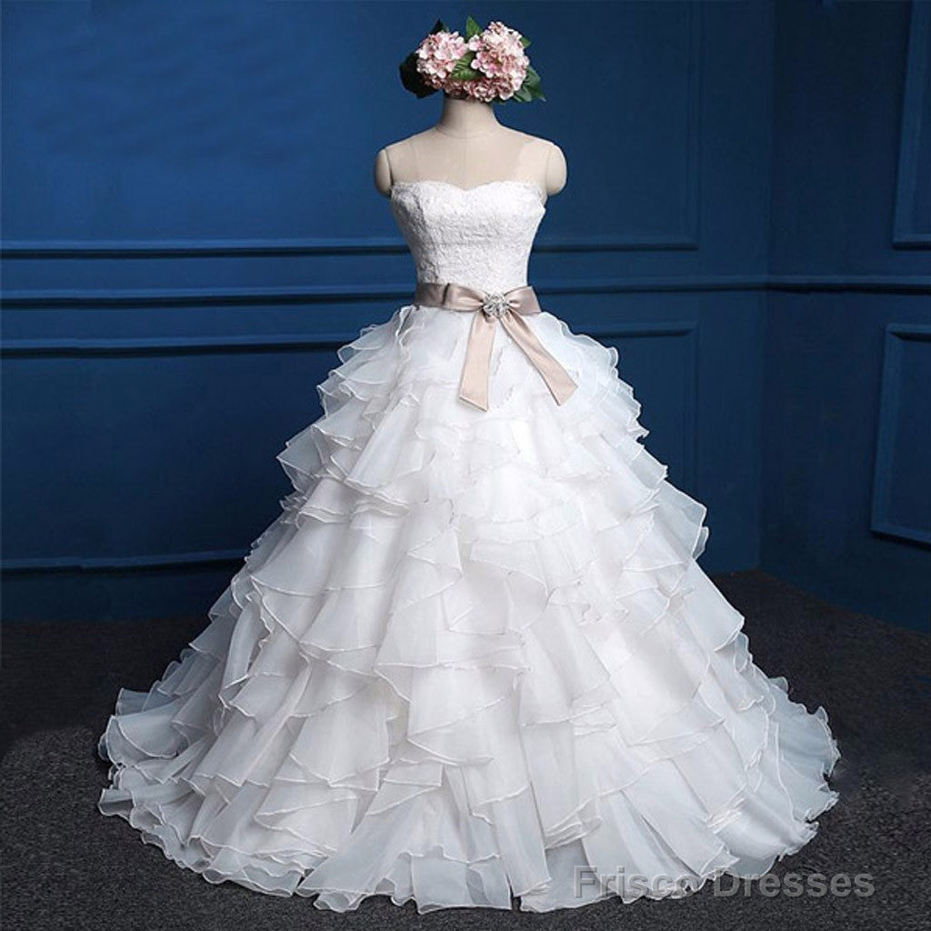 Cute Sweetheart Strapless Lace Up Back Chiffon Ruffles Satin Sash  Ball Gown Wedding Dress, Main image