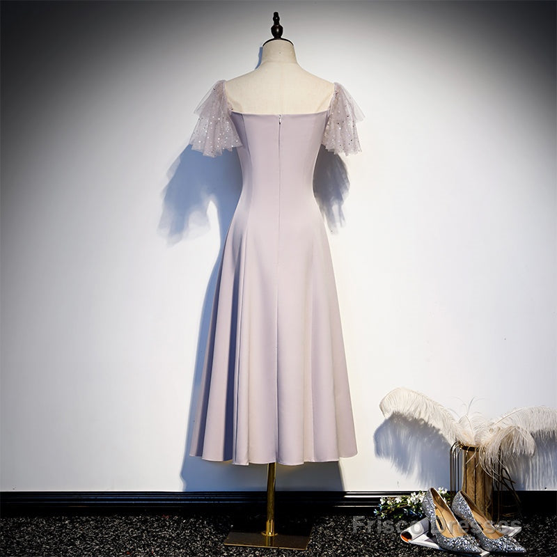 Cute Tea Length Off Shoulder Wedding Party Dress, Short Sleeves Formal Dresses Main image