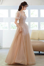Cute Tulle Beaded Long Prom Dress, A-Line Short Sleeve Evening Dress With Bow