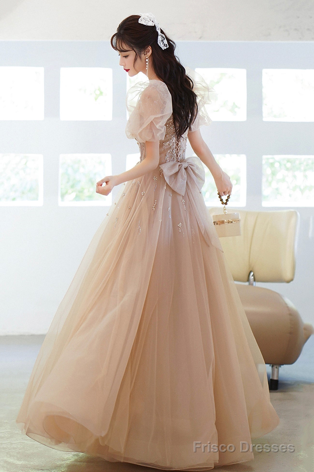 Cute Tulle Beaded Long Prom Dress, A-Line Short Sleeve Evening Dress With Bow