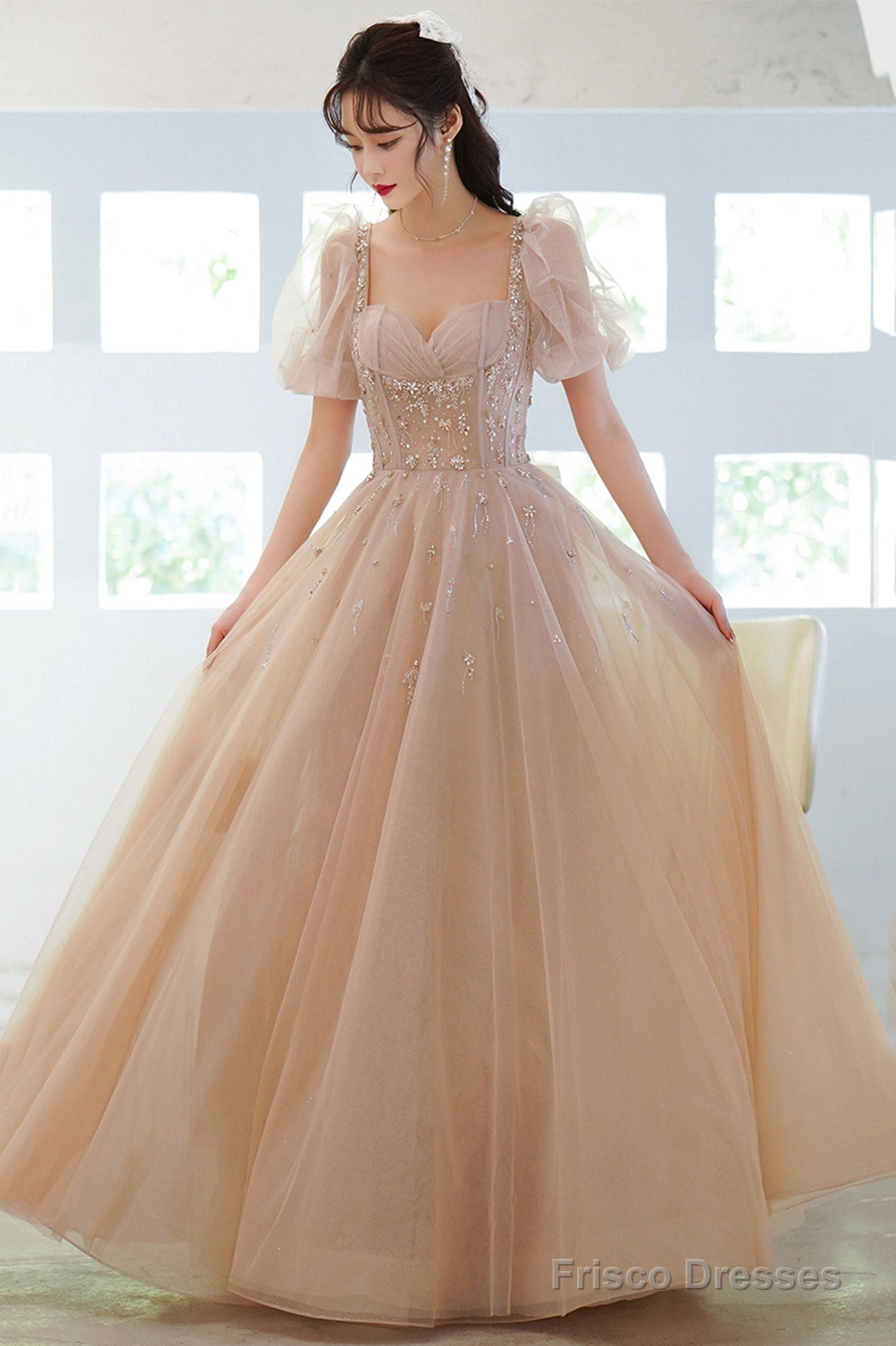 Cute Tulle Beaded Long Prom Dress, A-Line Short Sleeve Evening Dress With Bow Main image