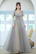 Cute Tulle Floor Length Prom Dress With Beaded, A-Line V-Neck Evening Dress