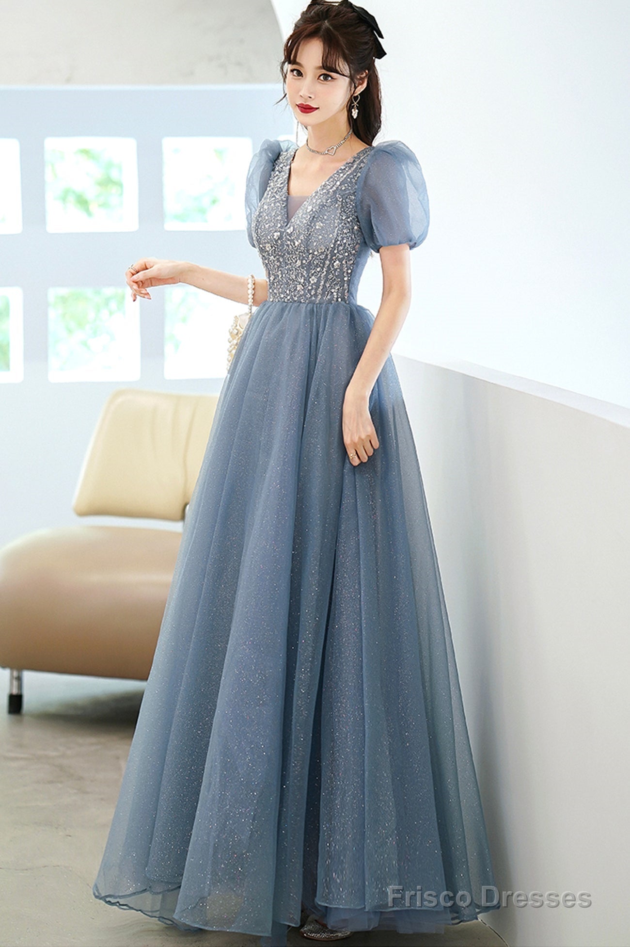 Cute Tulle Floor Length Prom Dress With Beaded, A-Line V-Neck Evening Dress Main image