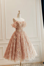 Cute Tulle Flower Short Formal Prom Dress, Beautiful Off The Shoulder A-Line Evening Party Dress