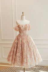 Cute Tulle Flower Short Prom Dress, Beautiful Off The Shoulder A-Line Evening Party Dress
