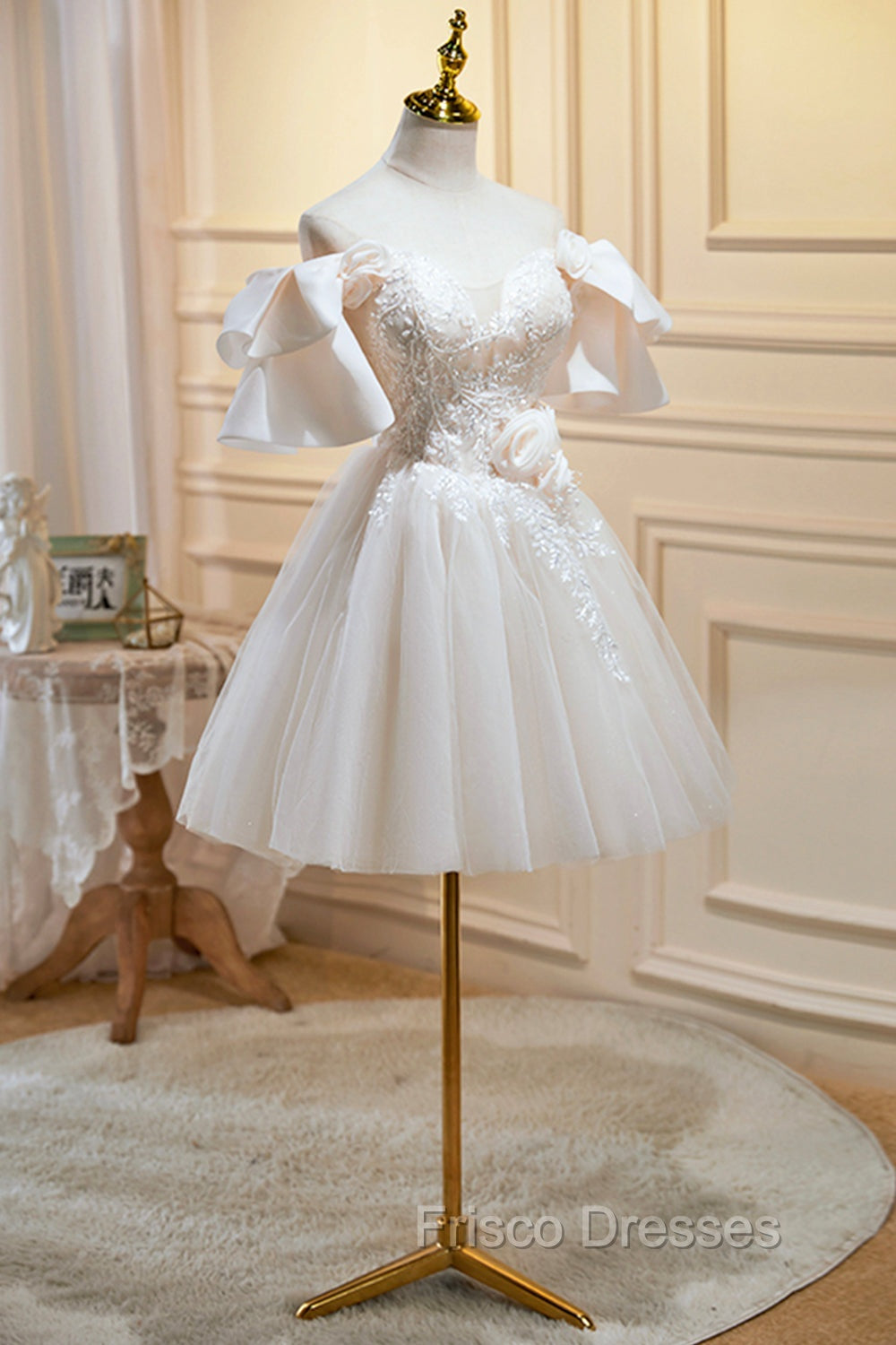 Cute Tulle Lace Homecoming Dress, Off Shoulder Short Formal Prom Dress