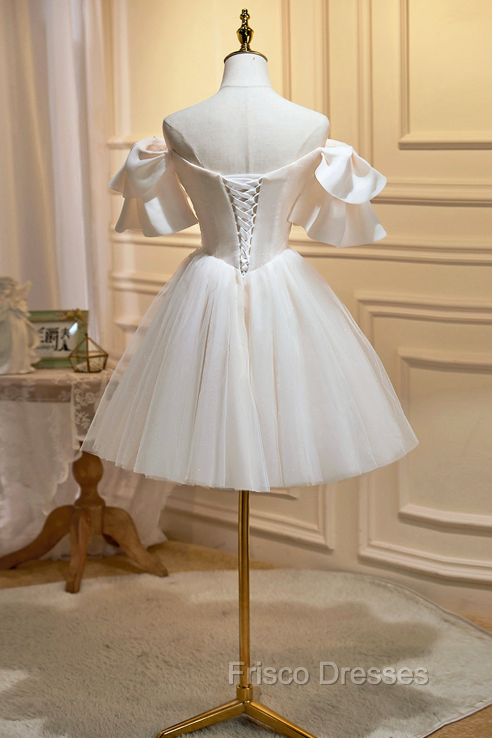 Cute Tulle Lace Homecoming Dress, Off Shoulder Short Formal Prom Dress