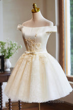 Cute Tulle Lace Knee Length Formal Prom Dress, Champagne Off the Shoulder Evening Party Dress