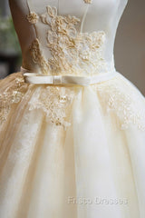 Cute Tulle Lace Knee Length Formal Prom Dress, Champagne Off the Shoulder Evening Party Dress