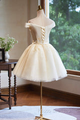 Cute Tulle Lace Knee Length Formal Prom Dress, Champagne Off the Shoulder Evening Party Dress