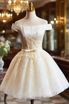 Cute Tulle Lace Knee Length Formal Prom Dress, Champagne Off the Shoulder Evening Party Dress