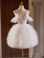 Cute Tulle Lace Light Champagne Short Formal Prom Dress, Cut Homecoming Dress