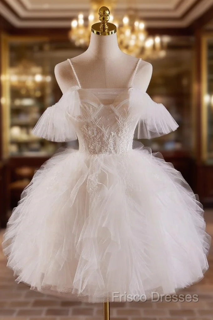 Cute Tulle Lace Light Champagne Short Formal Prom Dress, Cut Homecoming Dress Main image