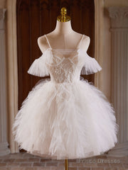 Cute Tulle Lace Light Champagne Short Prom Dress, Cut Homecoming Dress