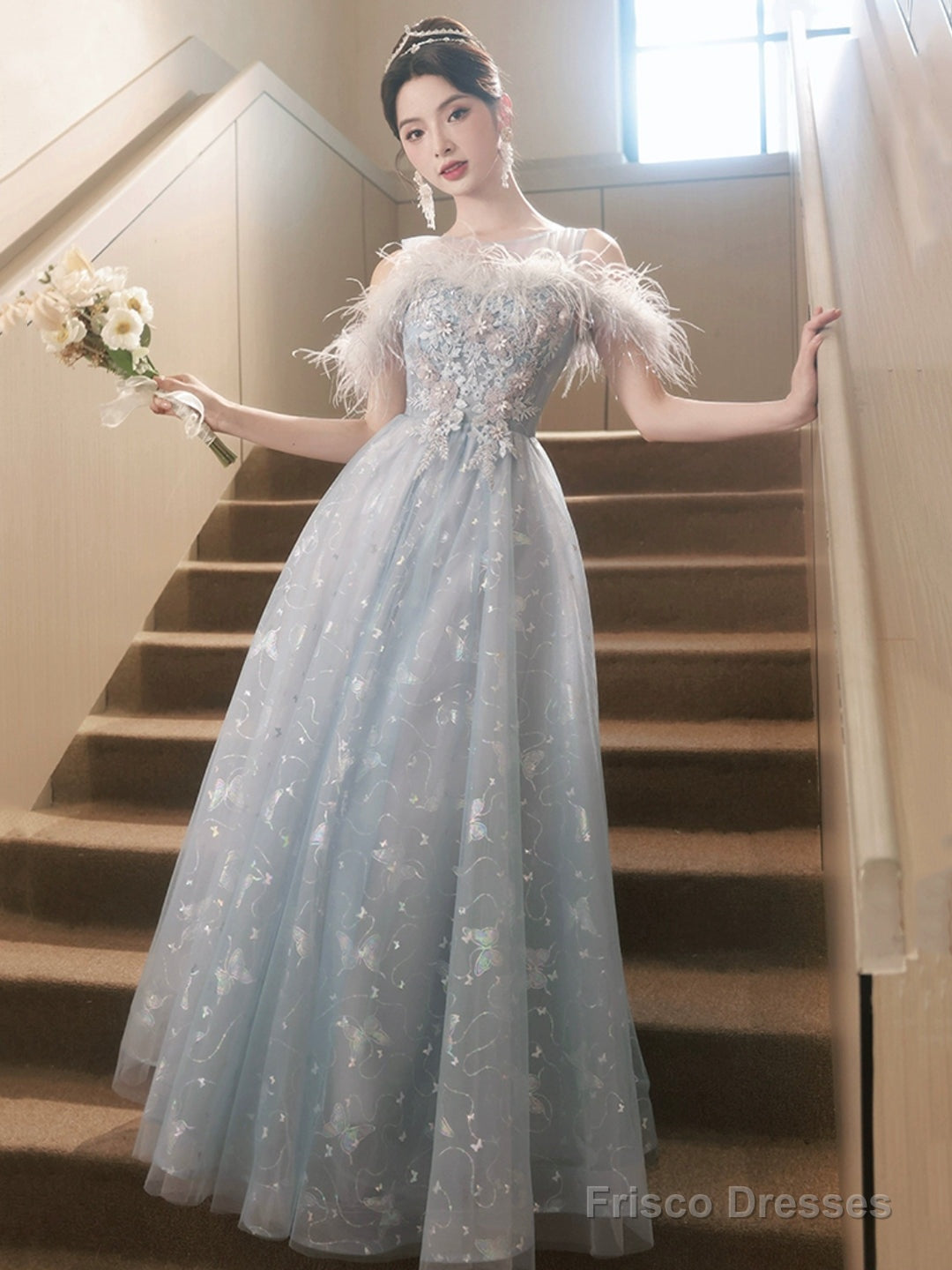 Cute Tulle Lace Long Prom Dress, Light Blue Tulle Off Shoulder Evening Dress Secondary image