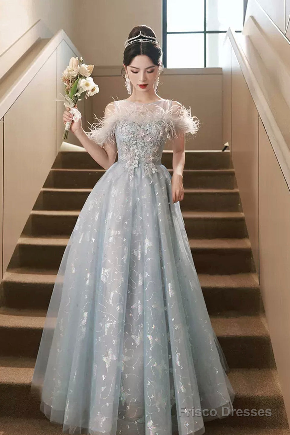 Cute Tulle Lace Long Prom Dress, Light Blue Tulle Off Shoulder Evening Dress Main image