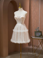Cute Tulle Light Champagne Short Formal Prom Dress, Lace Homecoming Dress