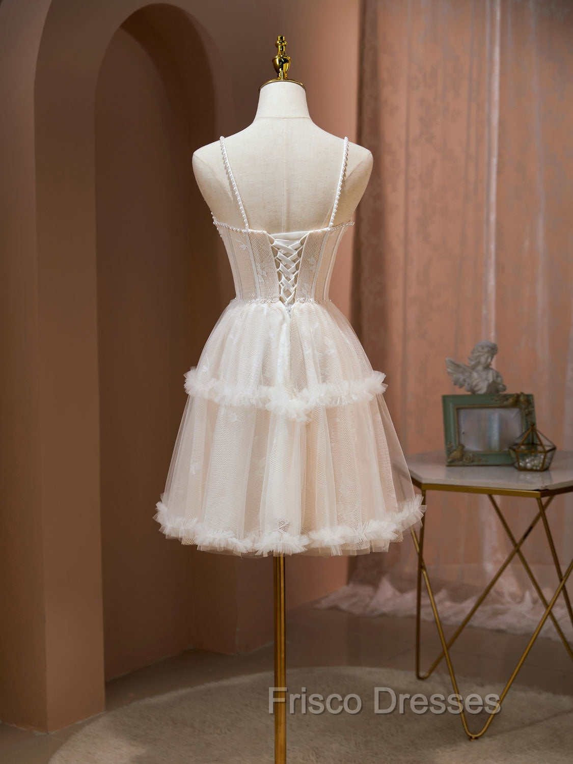 Cute Tulle Light Champagne Short Formal Prom Dress, Lace Homecoming Dress