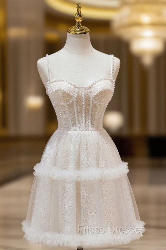 Cute Tulle Light Champagne Short Formal Prom Dress, Lace Homecoming Dress Main image