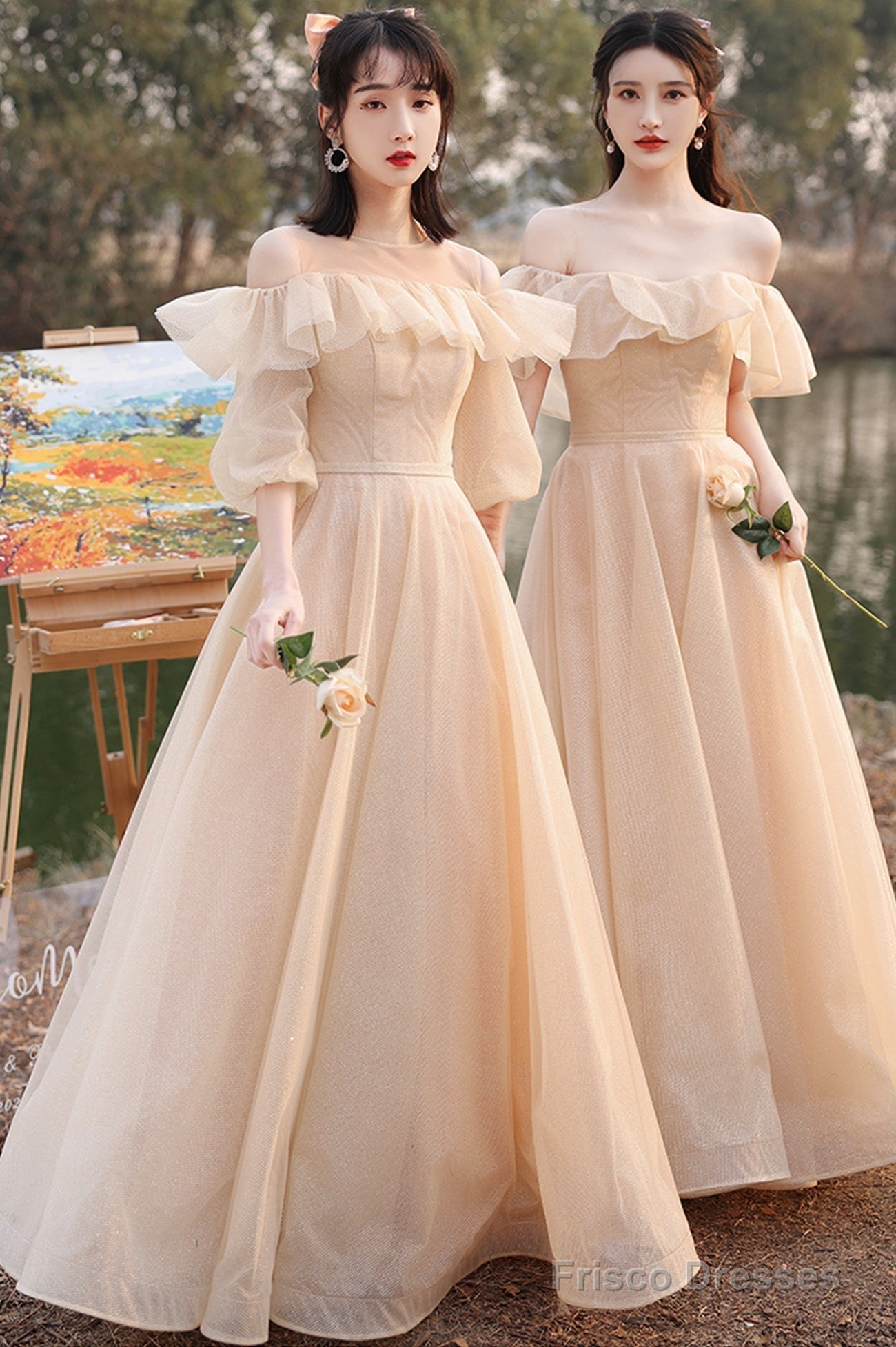 Cute Tulle Long A-Line Prom Dresses, Champagne Lace-Up Party Dresses