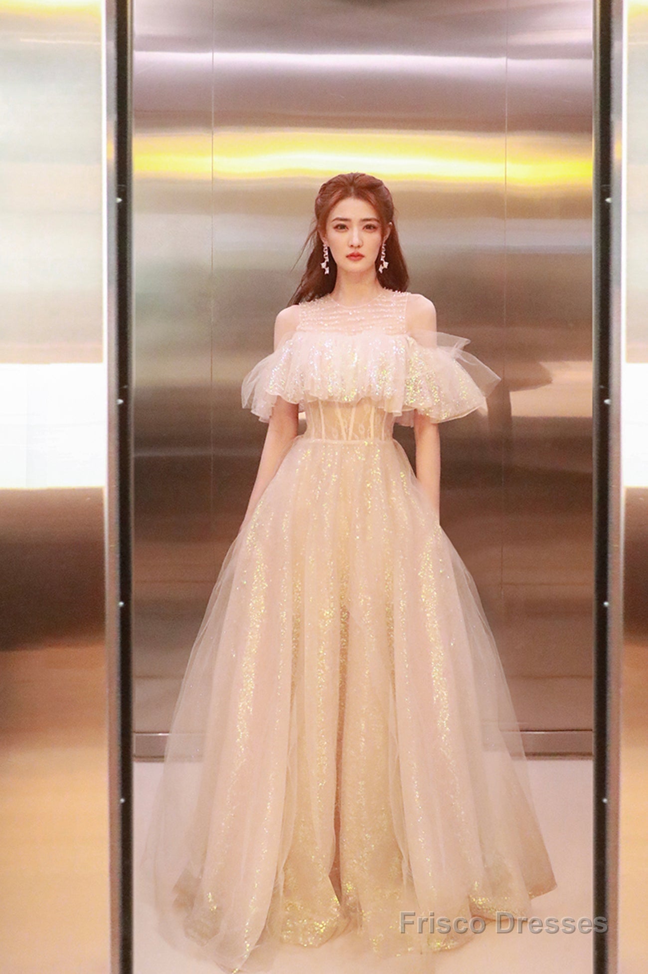 Cute Tulle Long Prom Dress, Shiny A-Line Evening Graduation Dress Main image