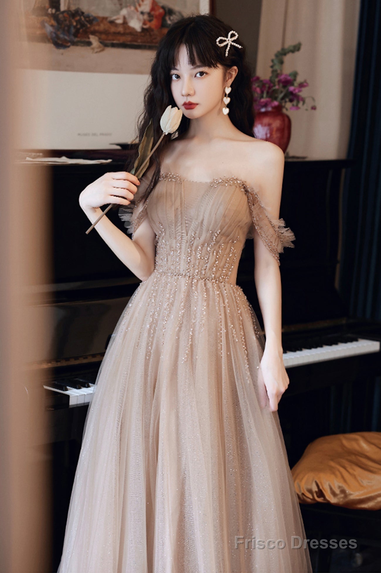 Cute Tulle Long Prom Dress With Beaded,  A-Line Off The Shoulder Evening Dress Secondary image
