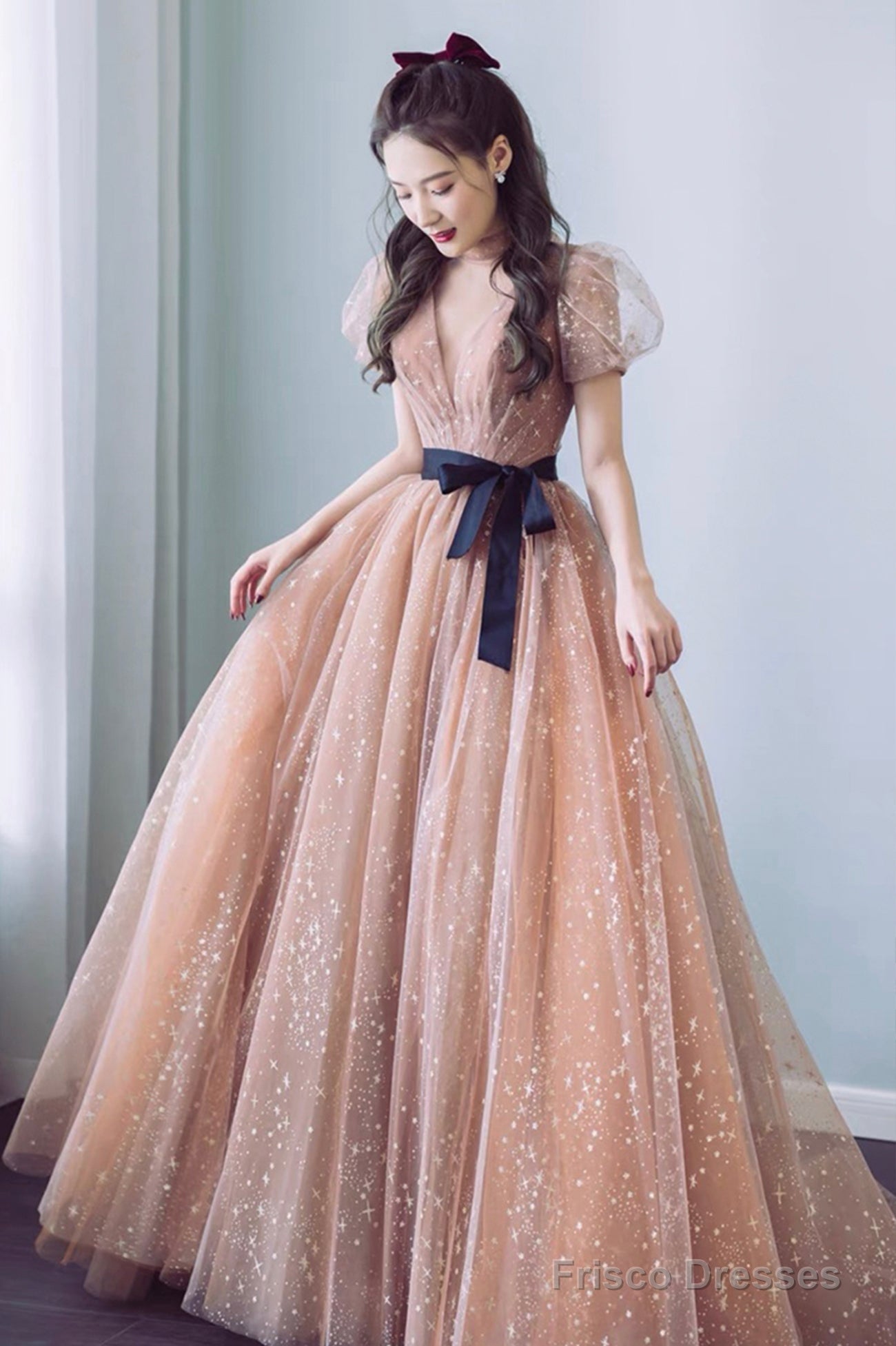 Cute Tulle Long Prom Dress With Bow, A-Line Evening Graduation Dress Main image