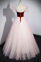Cute Tulle Long Formal Prom Dress with Velvet, A-Line Short Sleeve Evening Dress