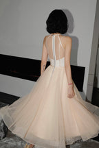 Cute Tulle See Through Short Prom Dress Champagne Evening Dress