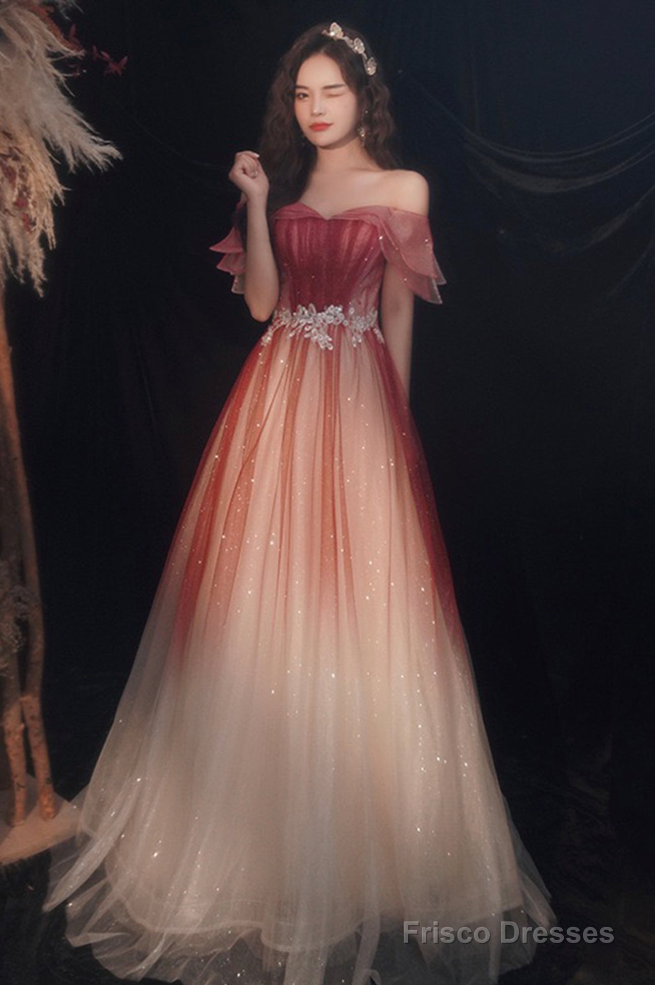 Cute Tulle Sequins Long Prom Dresses, A-Line Ombre Evening Dresses Secondary image
