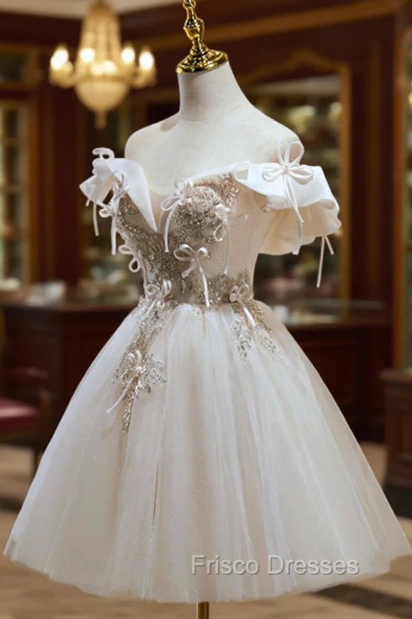 Cute Tulle Sequins Short Formal Prom Dress, Light Champagne Off Shoulder Party Dress