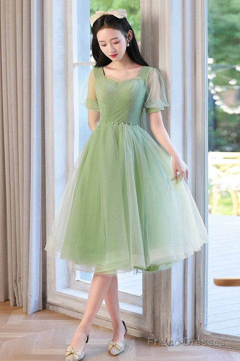 Cute Tulle Short Knee Length Prom Dress, Green A-Line Evening Party Dress Main image