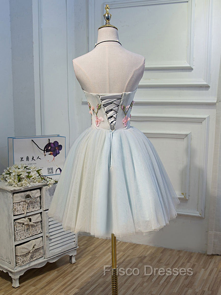 Cute Tulle Short Lace Applique Short Formal Prom Dress, Tulle Puffy Homecoming Dress