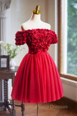 Cute Tulle Short Formal Prom Dress with Appliques, Red A-Line Homecoming Party Dress