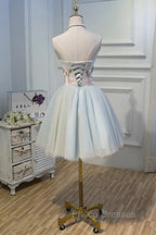 Cute Tulle Short Formal Prom Dress with Lace, A-Line Homecoming Party Dress