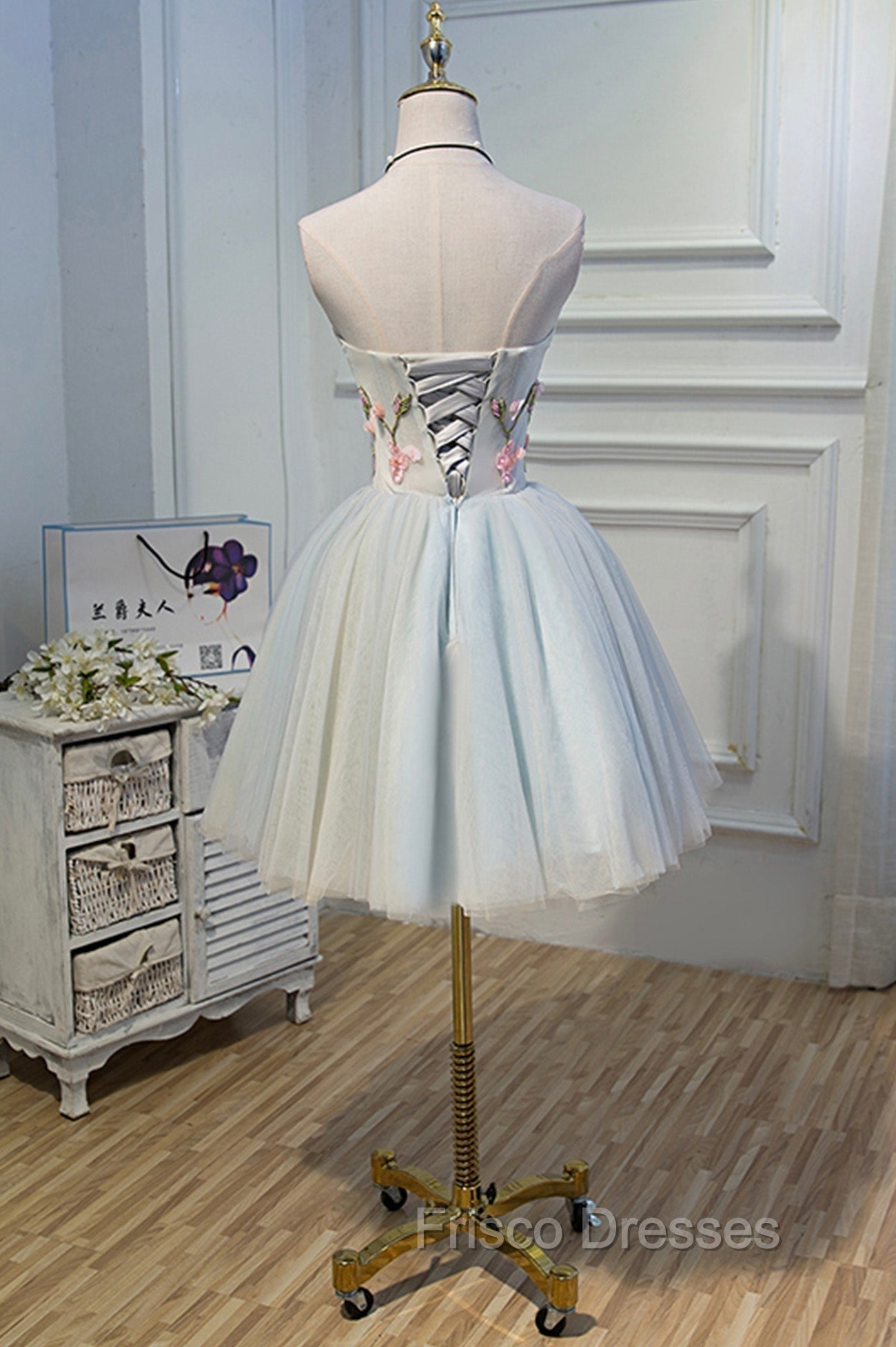 Cute Tulle Short Formal Prom Dress with Lace, A-Line Homecoming Party Dress