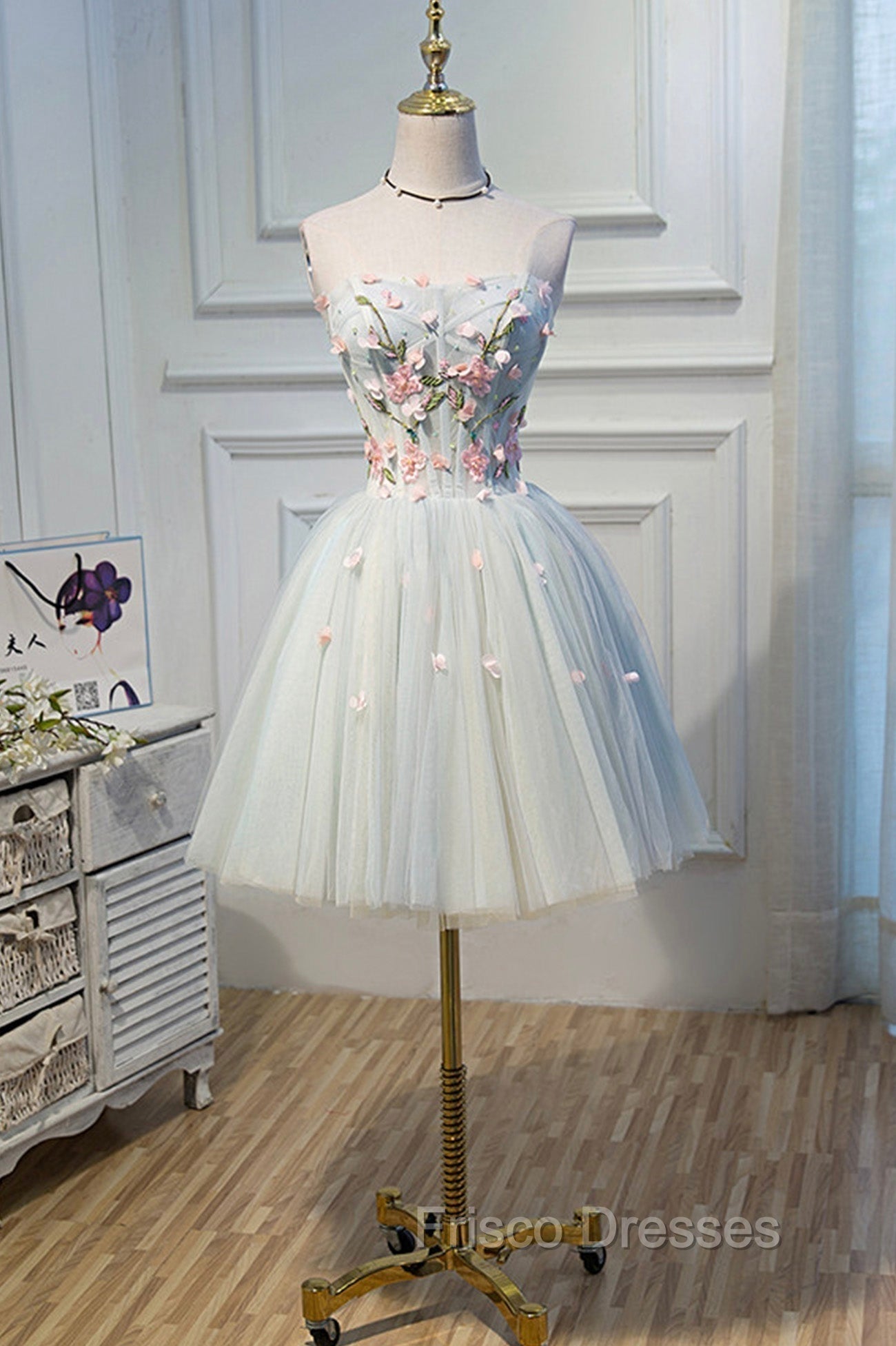 Cute Tulle Short Formal Prom Dress with Lace, A-Line Homecoming Party Dress