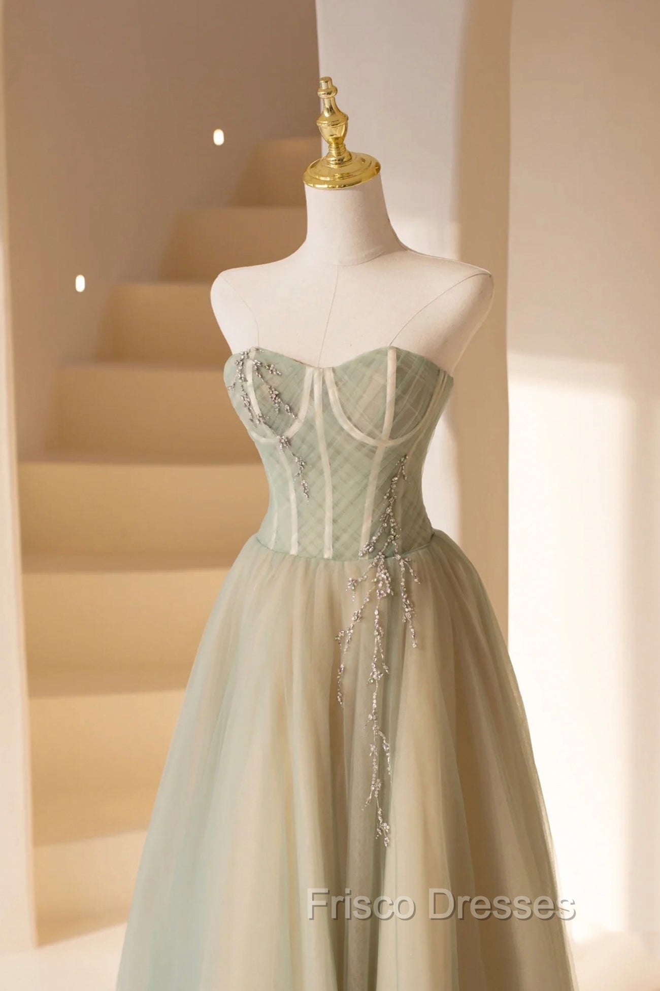 Cute Tulle Tea Length Formal Prom Dress, Green A-Line Strapless Evening Party Dress Secondary image